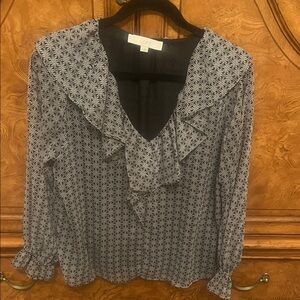 LOFT Women's Black and White Ruffle Blouse